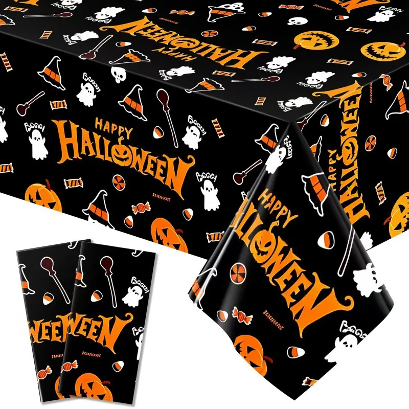 1/3Pcs Disposable Waterproof Aluminum Foil Halloween Rectangle Tablecloth, 54×72/ 54x108 Inch Black Background Cute Pumpkin Ghost Witch Hat Printed Table Cover, Decorative Table Cloth for Halloween Party, Dining Table and Dessert Table Decorations