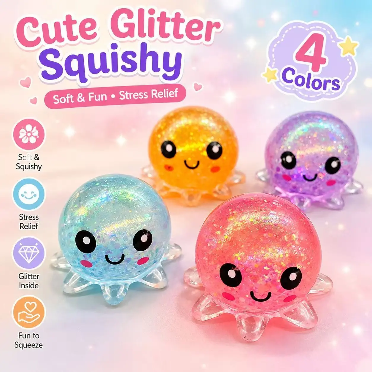1/4 Piece Set Glitter Aurora Octopus Mallow Squishy Toy, Tpr Soft Flashing Stress Relief Toy, 4 Colors, Kids & Adults Sensory Relaxation Toy