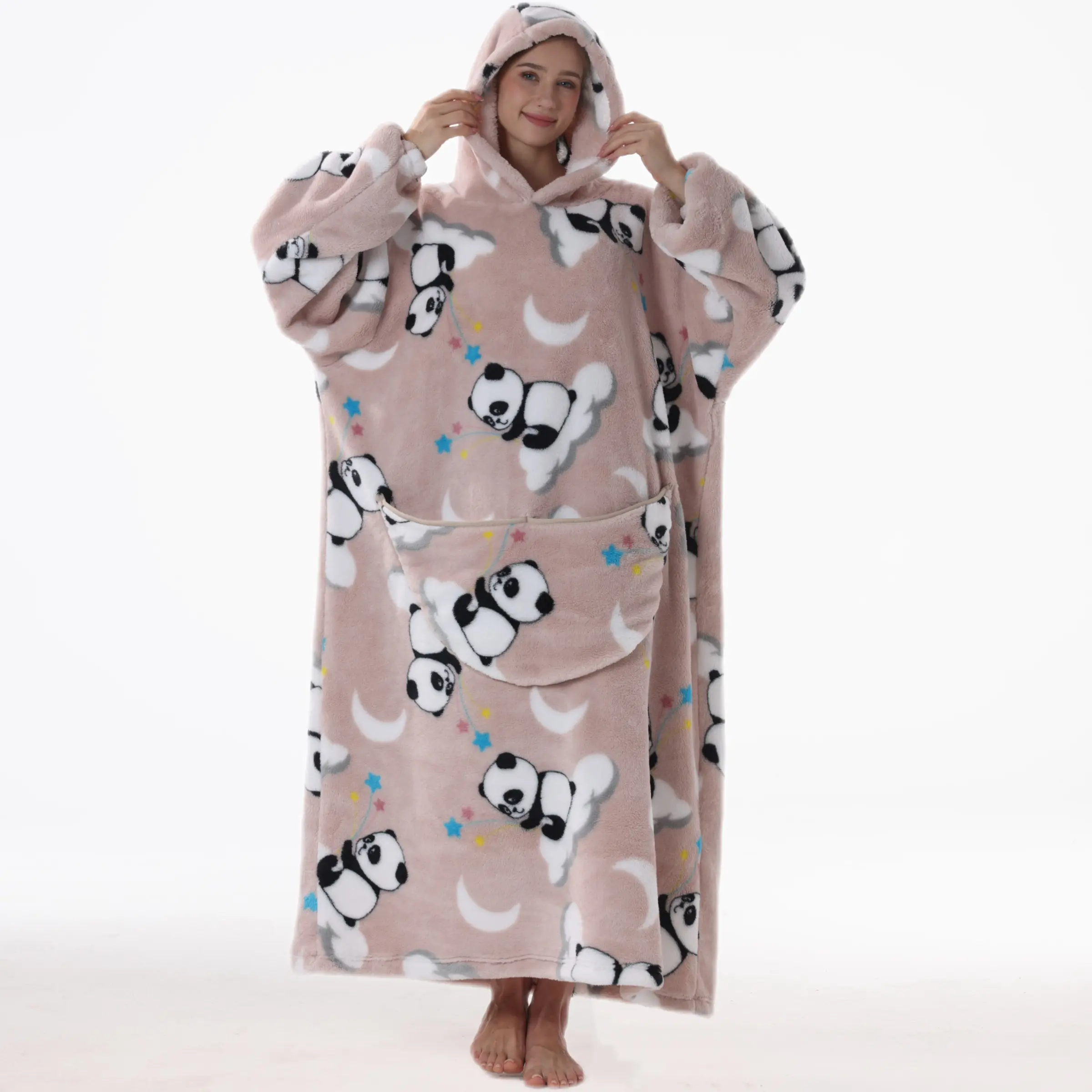 Cute Panda Print Wearable Blanket, Plus Size Thick Hooded Loungewear, Unisex, Home TV Blanket
