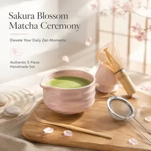 Sakura Blossom Matcha Ceremony Set - 5-Piece Handmade Japanese Matcha Kit with Bowl, Whisk, Holder, Scoop & Sifter for Authentic Tea Preparation