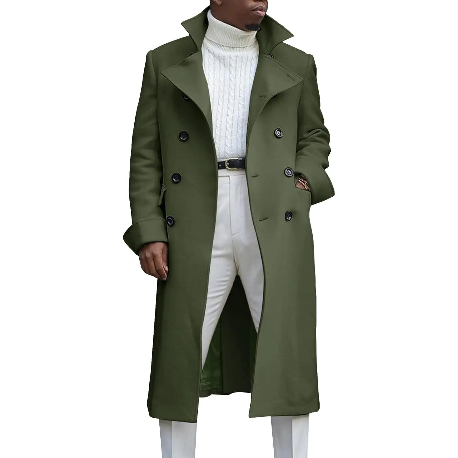 Men's Notch Lapel Double Breasted Long Trench Coat Casual Cotton Blend Peacoat