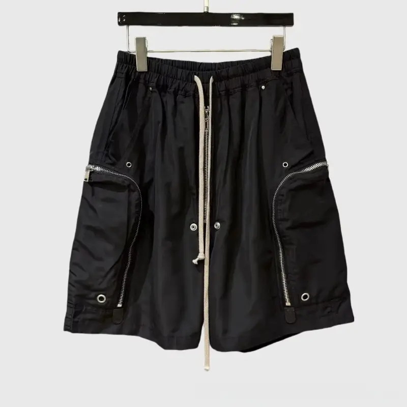 Men’s Avant-Garde Cargo Shorts – Designer-Inspired Minimalist Drawstring Utility Shorts, Techwear Multi-Pocket Streetwear, Breathable Knee-Length Casual Shorts (Black)