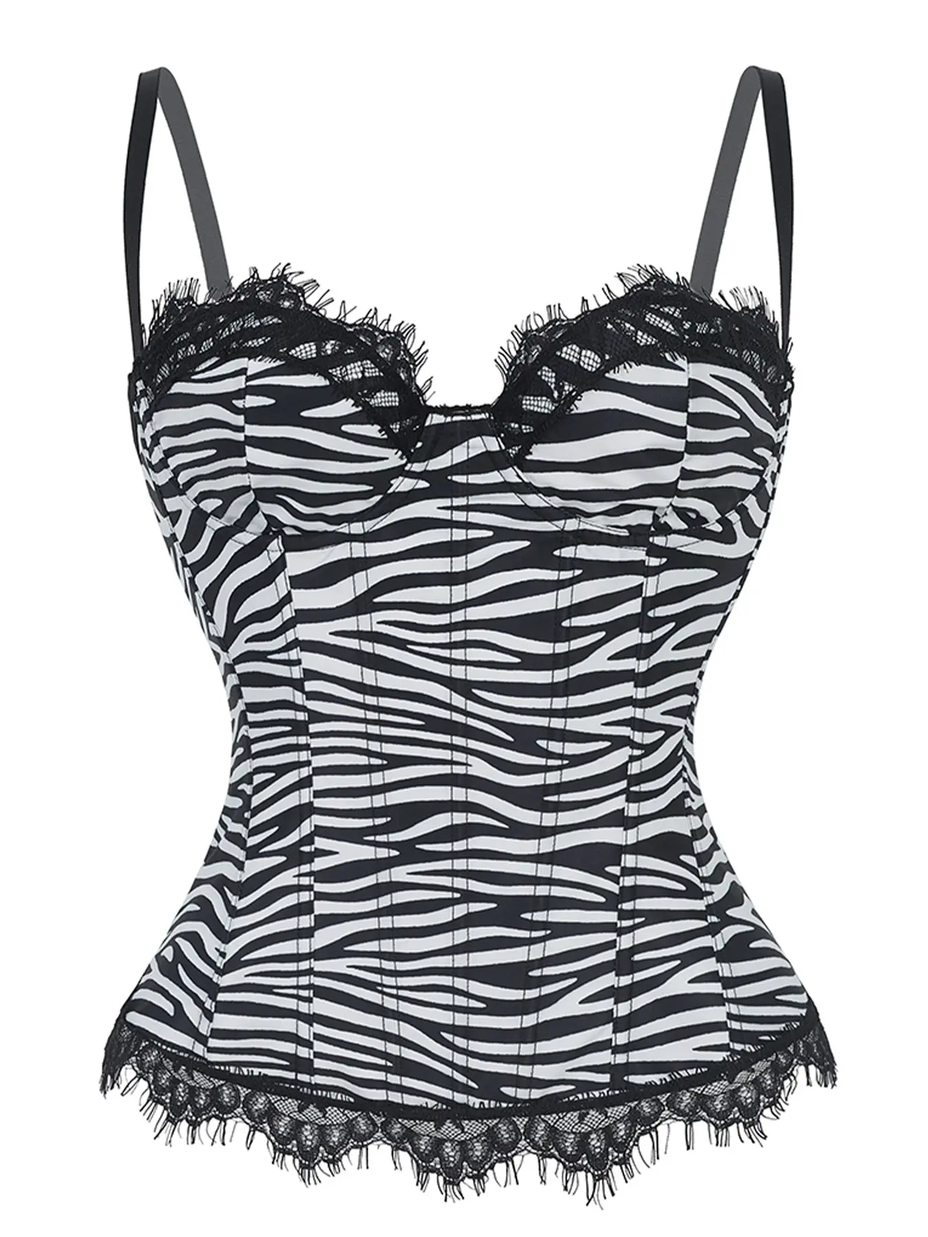 Boned Zebra Print Satin Corset Top, Trendy Top, Eyelash Lace Push Up Bustier with Spaghetti Strap, Hourglass Waist Cincher for Y2K Festival Club Night Out Aesthetic