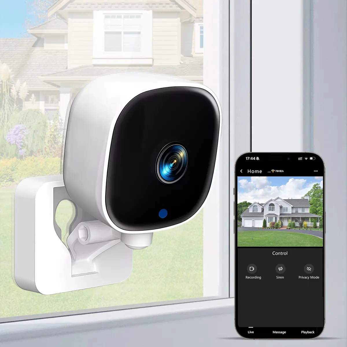 Smart Window Surveillance Camera, WiFi Stick-On Indoor Camera, Motion Sensing & Alarm, Two-Way Audio, Dual Storage Backup, Easy Peel-and-Stick Install, 24/7 Recording App Remote Control for Home & Office Safety