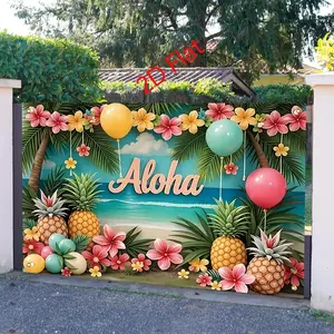 Summer Party Background Cloth, Vibrant Tropical Beach Theme with Pineapple & Palm Trees, Outdoor Celebration Decor, Durable Polyester Fiber