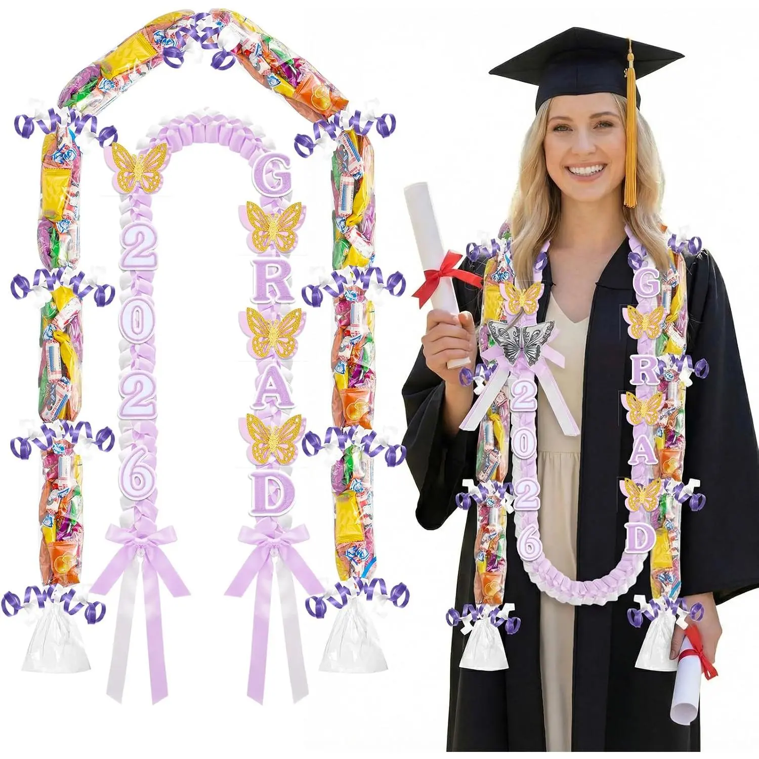 2026 Graduation Leis Candy Lei Kit, 2026 Graduation Ribbon Woven Double Braided Necklace DIY Kit for High School College Women Men Graduate  Party Supplies