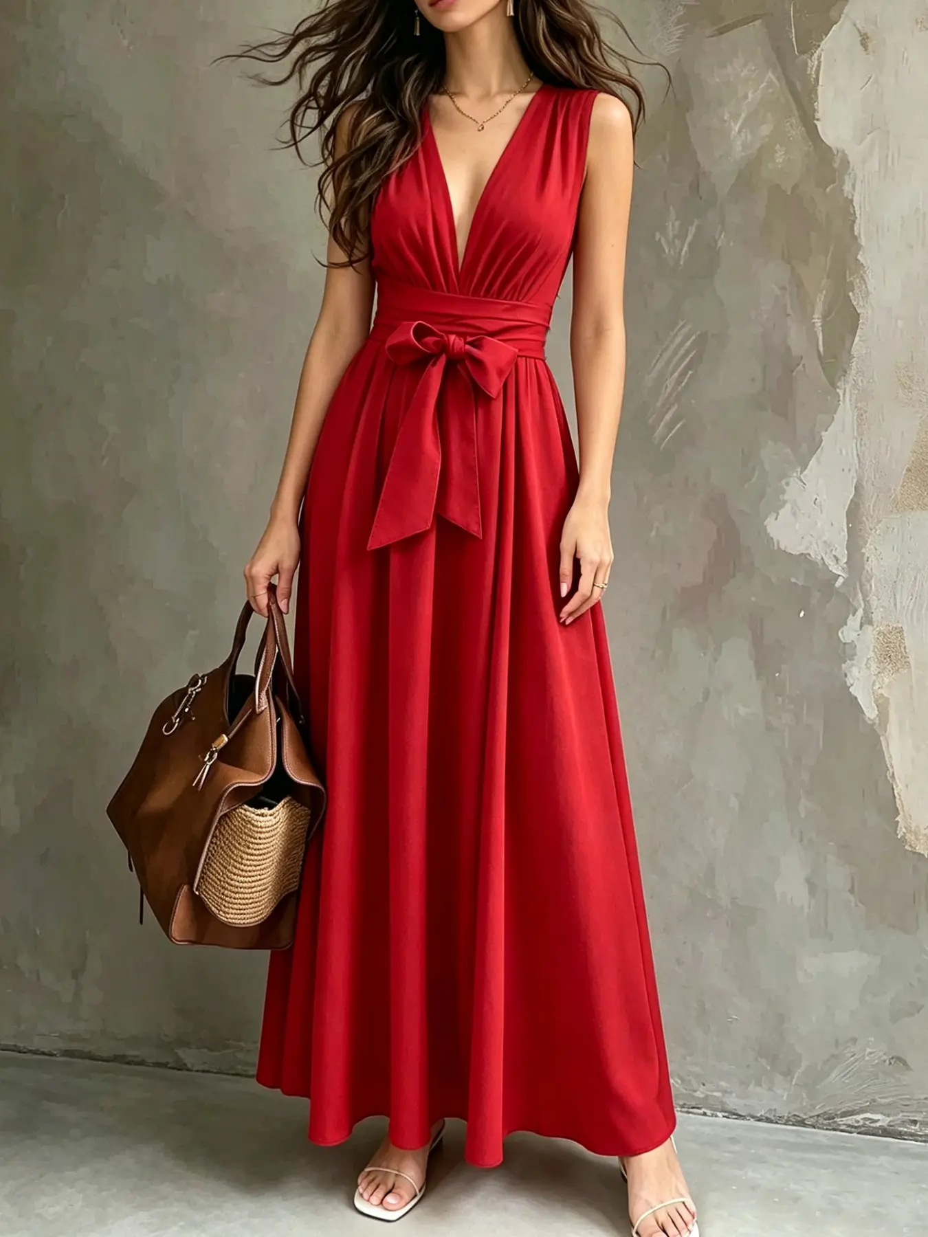 Summer Feminine Crisscross Back Bow Tie Evening Maxi Dress, Deep V Sleeveless Ruched High Waist High Slit Formal Gown for Wedding Guest Night Out Holiday Party