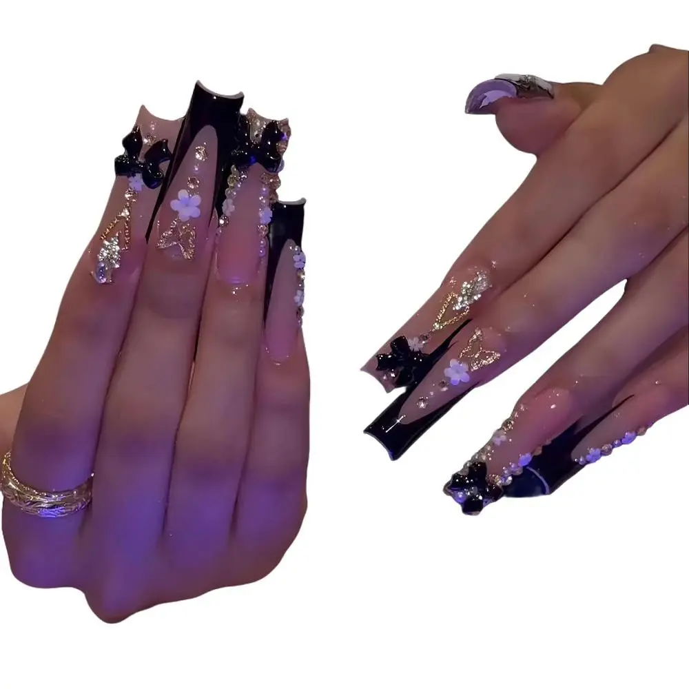 24Pcs Elegant Black Diamond-Studded French Rectangular Press On Nails, Reusable Artificial Nail Accessory for Birthdays, Graduation Parties & Daily Outdoor Occasions