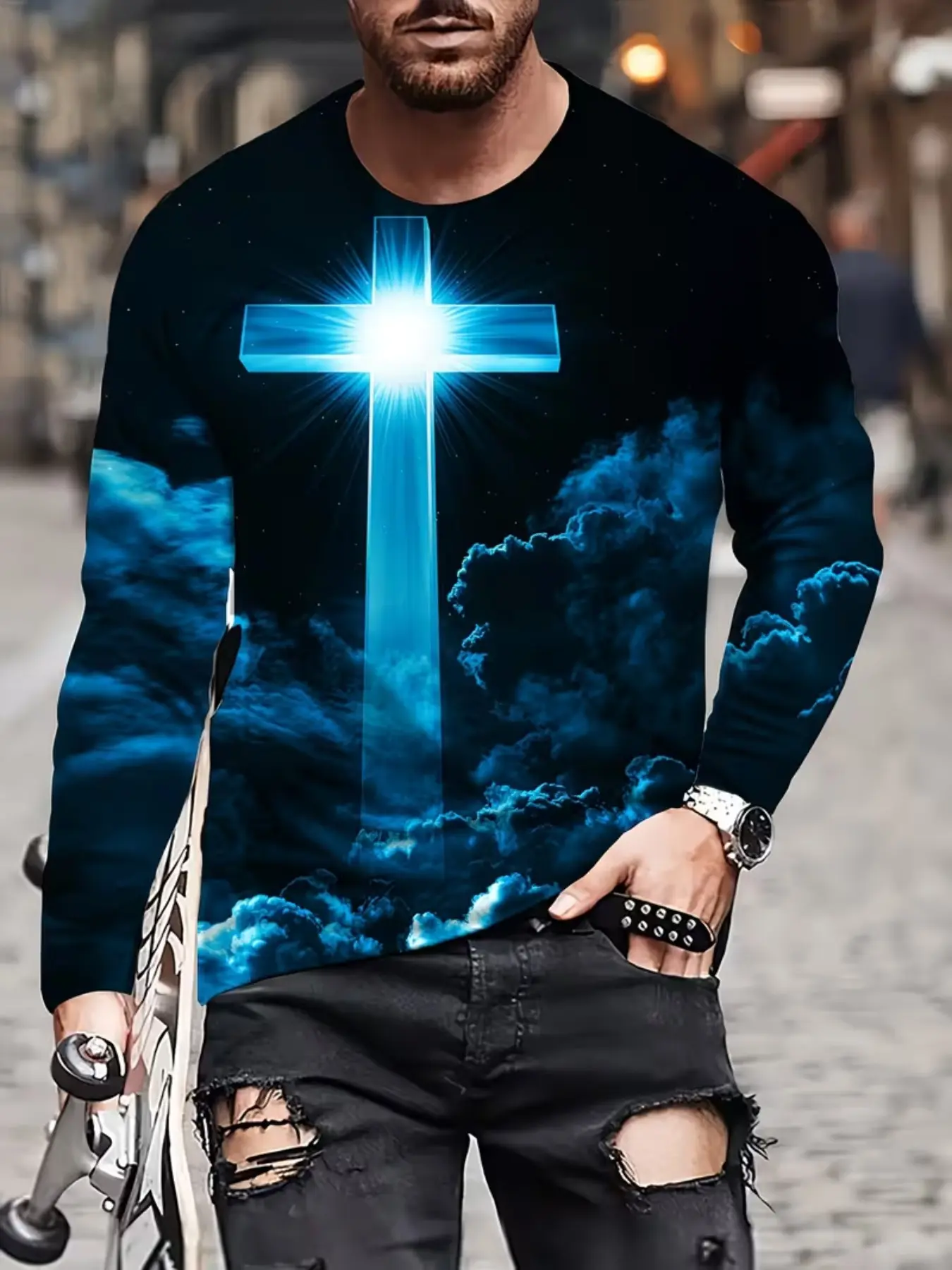 Men's Classic Cross Digital Print T-Shirt, Casual Comfort Long Sleeve Tee, Fitted All-Over Print Top, Fall Winter Fashion