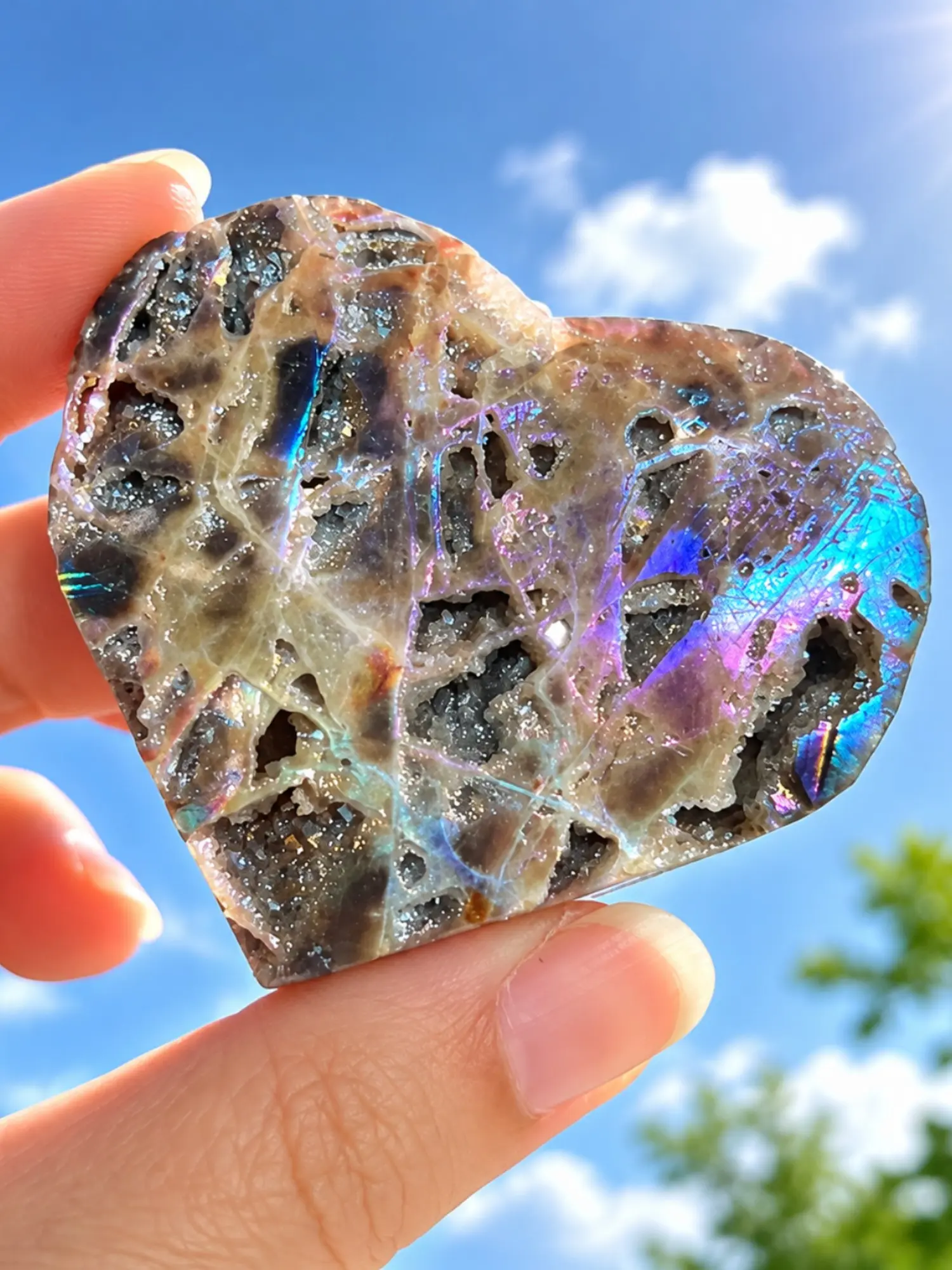 Natural Aura Heart Shaped Crystal Slice, Iridescent Flash Druzy Quartz Heart Ornament, DIY Jewelry Accessory, Couple Gift for Holidays