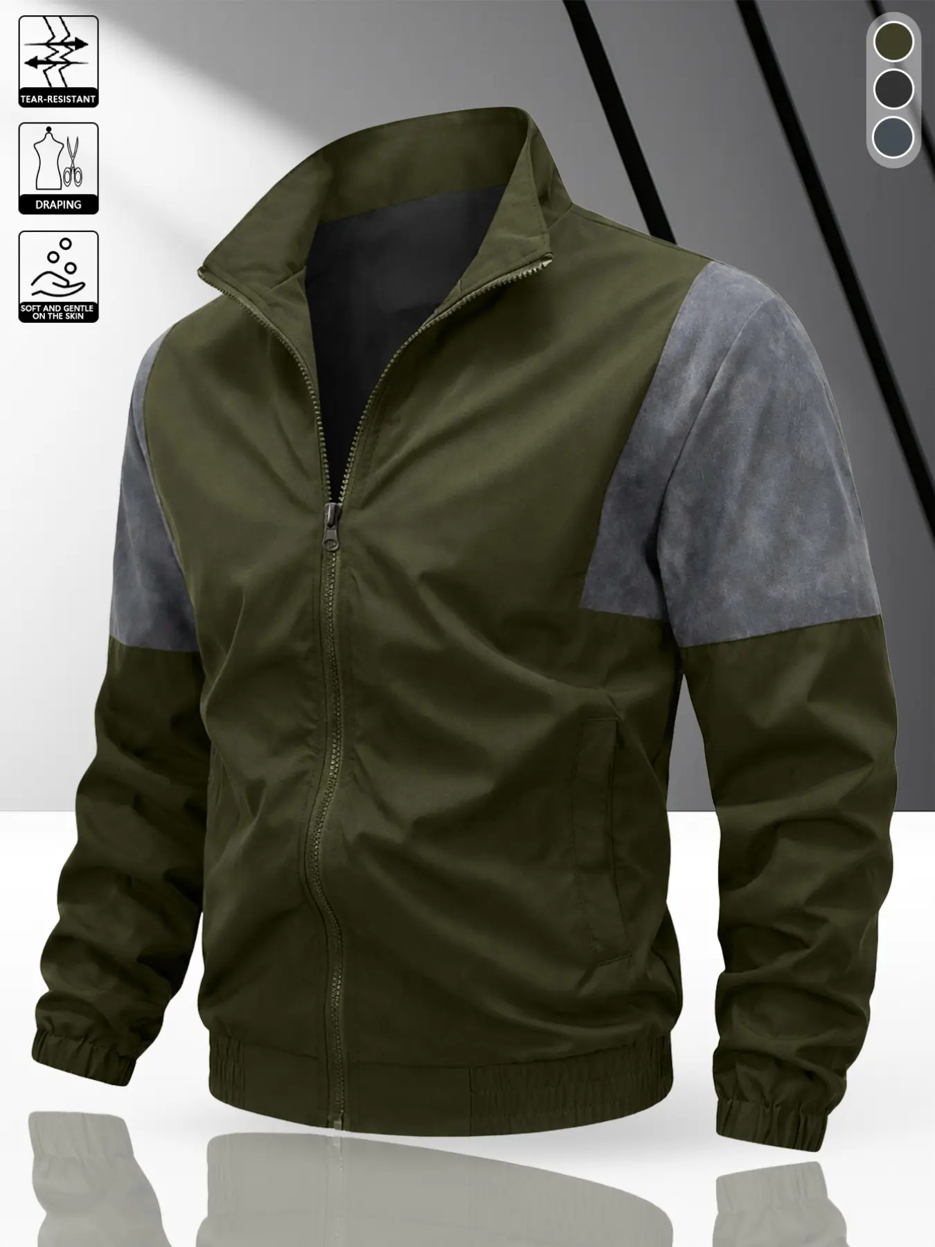Men's American Style Lightweight Commuter Stand Collar Full-Length Zipper Open Front Jacket, Three-Piece Color Block Pilot Coat