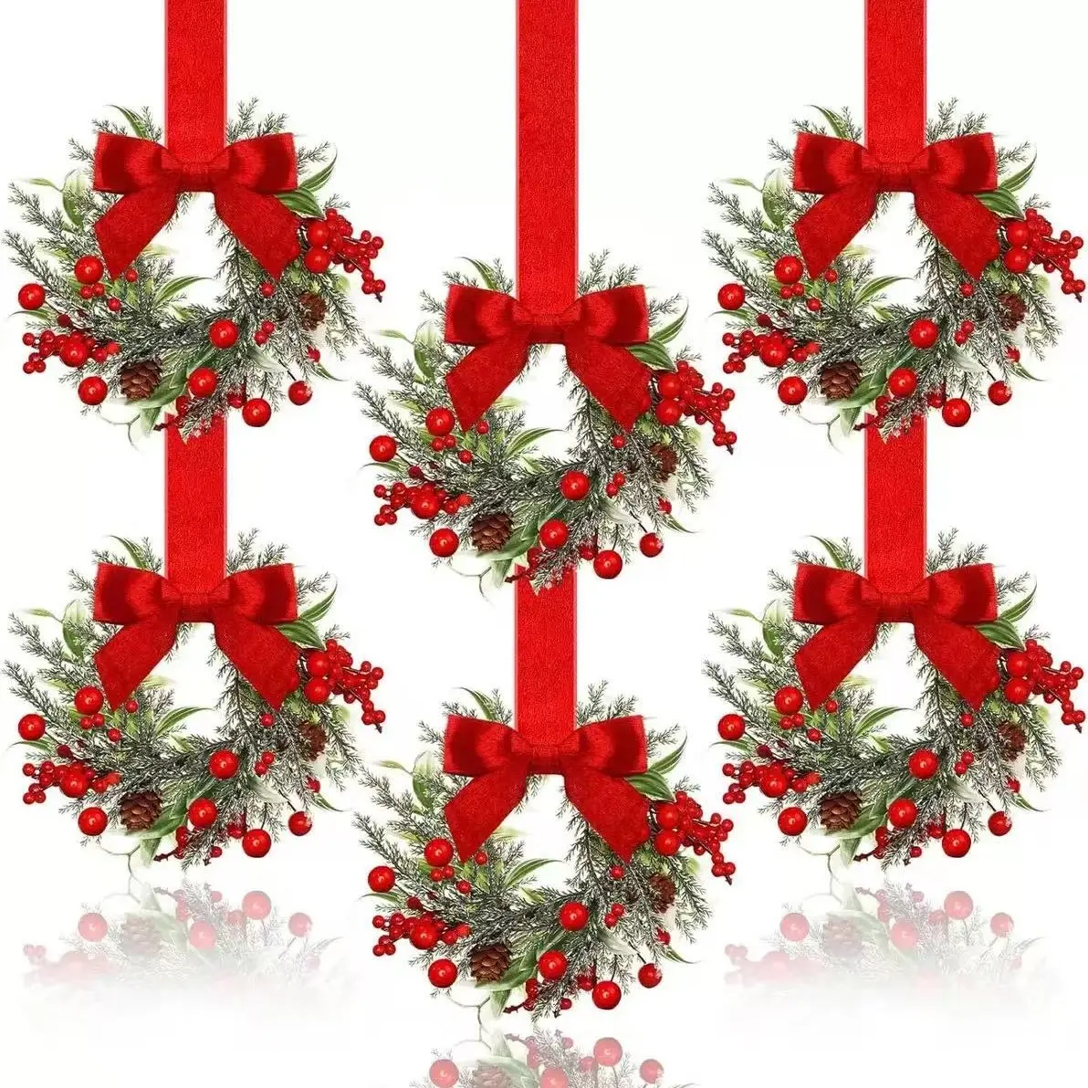6 Piece Christmas Mini Window Garlands with Ribbon Bow and Berries, Farmhouse Style Kitchen Door Decor, Perfect for Holiday Parties