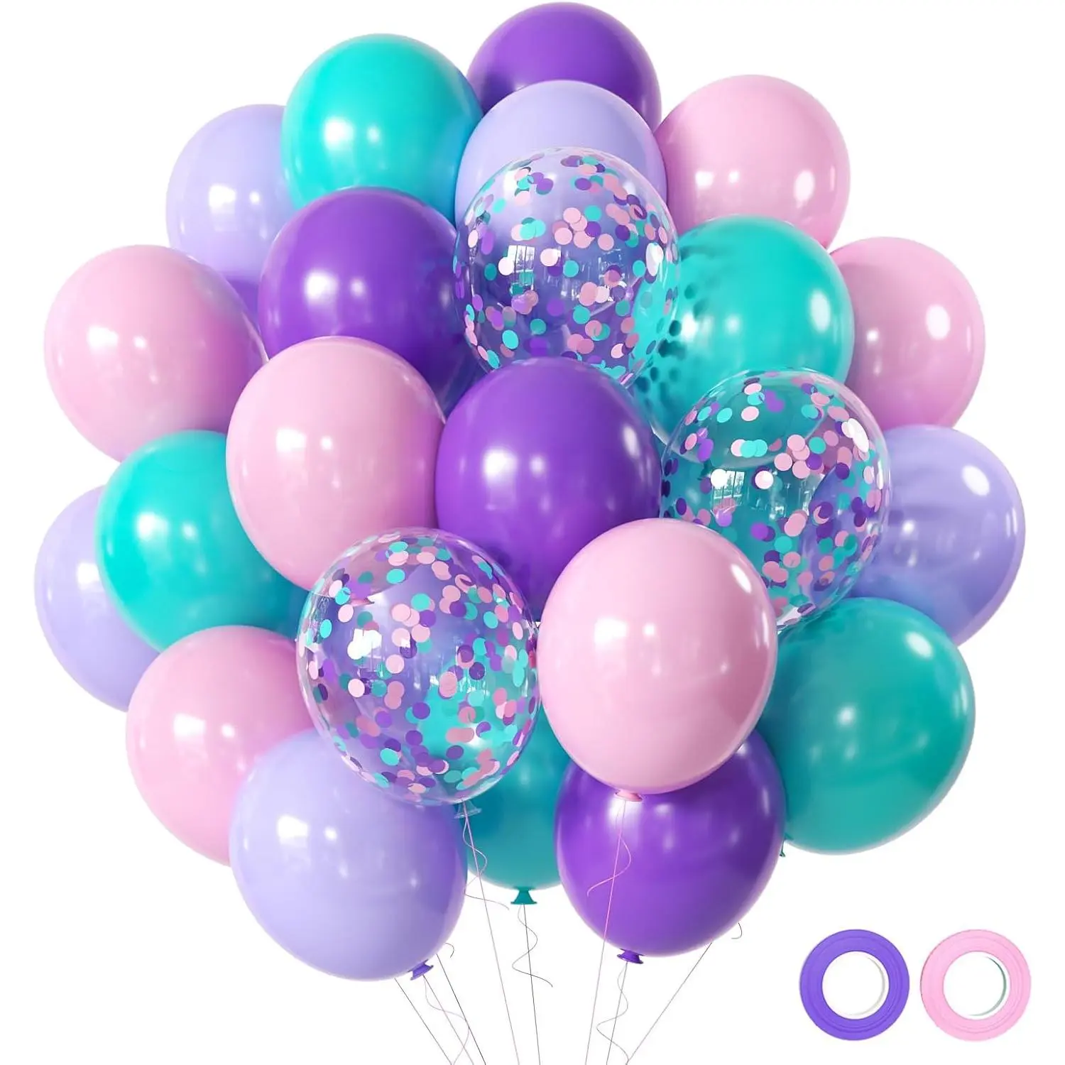 12 in High-Quality Pearl Latex Balloon Set (50-Pc) - Colorful Balloons Assortment with Pink, Purple, Teal, Blue, Purple Curling Ribbon, White Ribbon, Silver Accents, Bow for Happy Birthday, Birthday Decor, Balloon Decor