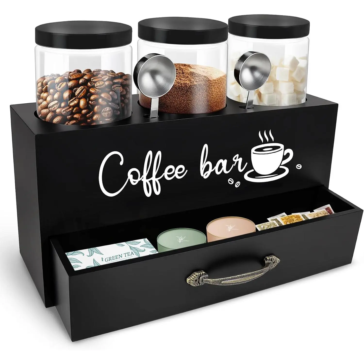 Glass Coffee Containers with Shelf Coffee Station Organizer 54oz Black Glass Coffees Bean Storage Canister with Spoon Coffee Canister Set Kitchen  Storage Jars for Coffee/Sugar/Candy