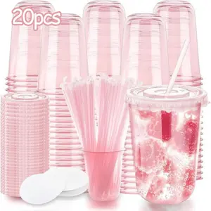 20 Sets 16oz U-Shape Plastic Cups, Disposable Coffee Cups with Lids, Filters, Straws, //transparent, Round Bottom, Clear Plastic Cups with Lids