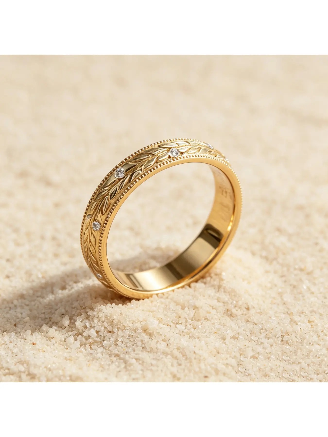 Milgrain Trim Hand Engraved Wheat Leaf Diamond Thin Gold Wedding Band, Retro Pastoral Full Circle Eternity Band, Textured Birthday Gift for Office Ladies, Stackable Women Jewelry, Sparkling Rings, Perfect for Christmas Memorial Occasions