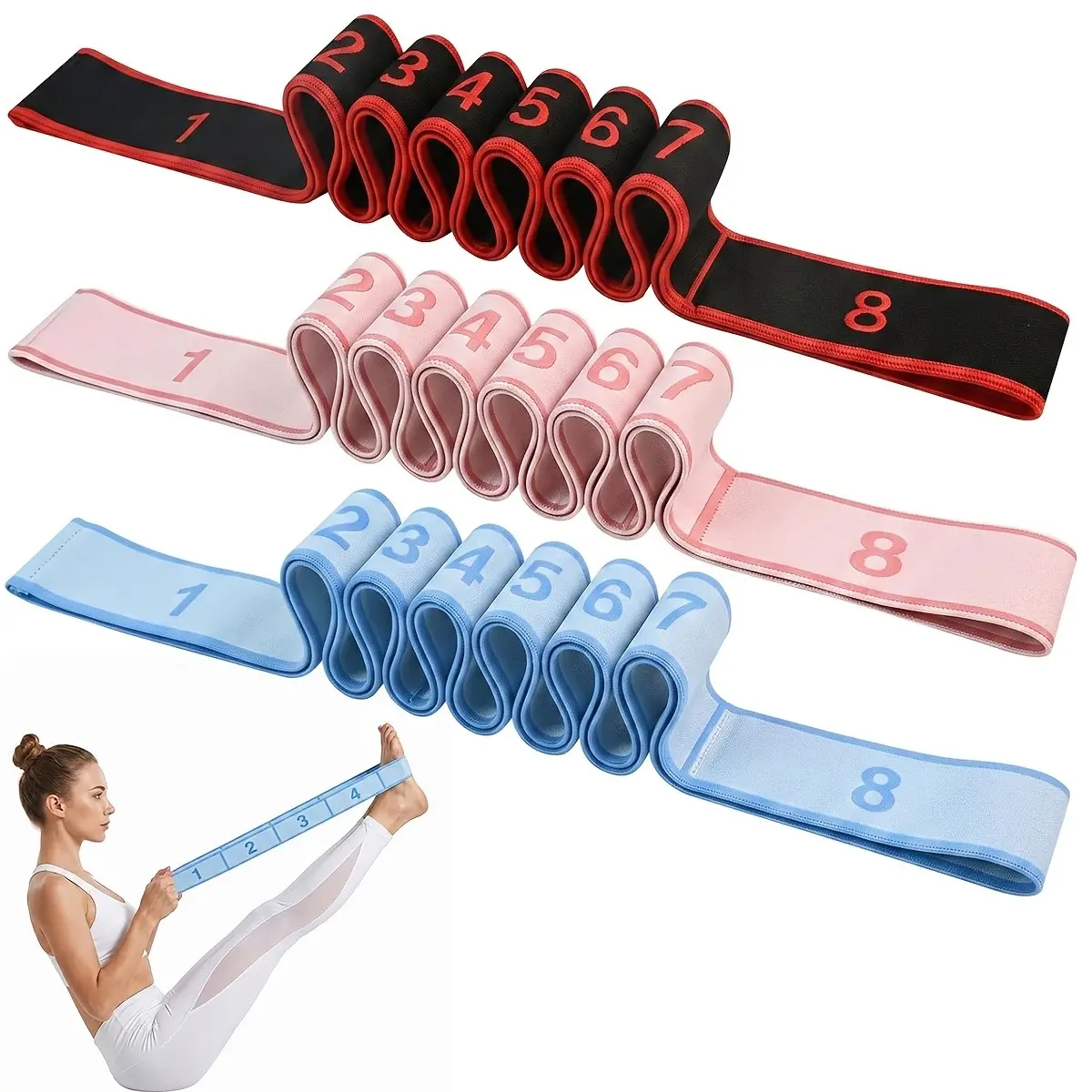 3-Piece Yoga Stretch Bands Set, Segmental Fitness Stretch Bands, Blue Colors, Ideal for Dance Gymnastics Pilates Training