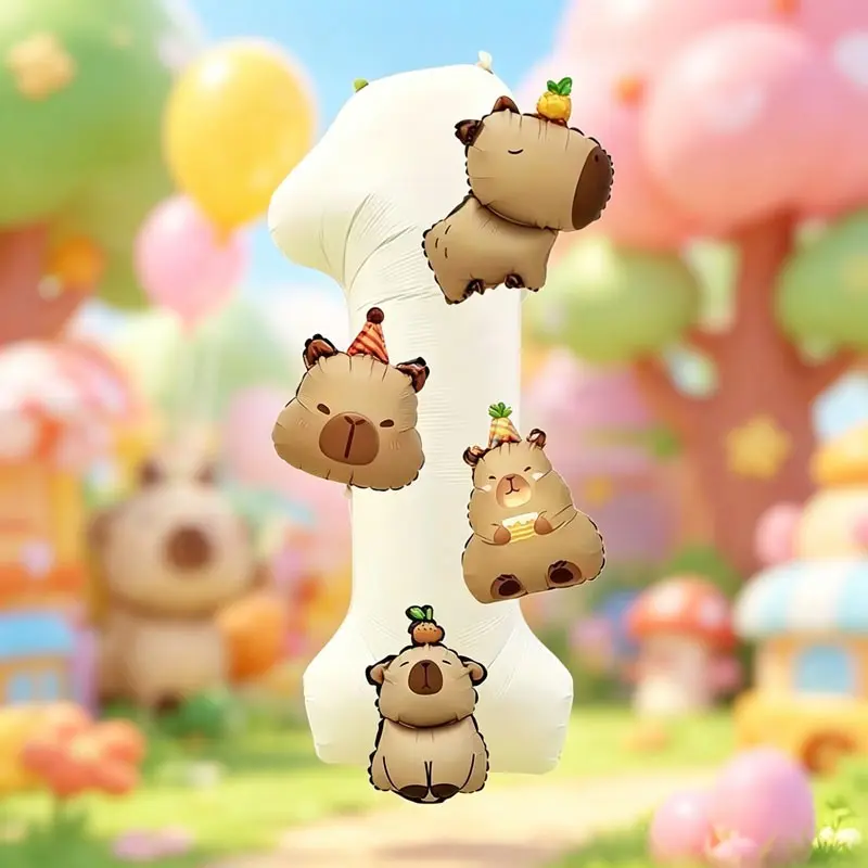 7-Piece Capybara Number Balloon Set, Animal Balloons, Milk Aluminum Foil Numbers, 4 Mini Capybara Shapes, Party Decor for Kids Birthday, Baby Baptism, Capybara-Themed Party, Children's Playground Decoration, Party Balloons Decorations