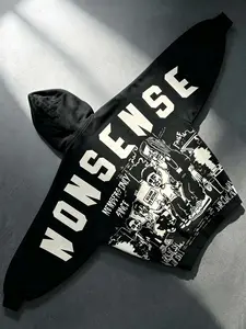 NONSENSE Slogan Hip Hop Y2K Cartoon Rapper Bat Sleeve Pullover Hooded Sweatshirt Men and Women Same Retro Comic Black and White Print Millennium Street Style Jacket Autumn and Winter Fleece Men's Casual Hoodie Women's Sweatshirt Gothic Punk Music Festival