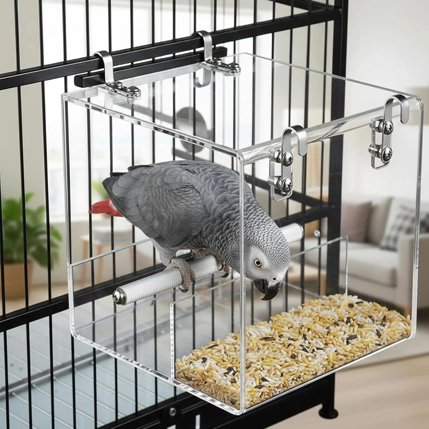Large Transparent Acrylic Bird Feeder & Cage Suitable for Indoor/Outdoor Use, Bite-Resistant Thickened Base & Walls, Anti-Spill Design, 16.91oz Large Capacity Parrot Cage for Cockatiels, Canaries, Budgies, Pet Store or Use