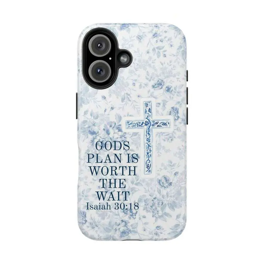 Christian Faith Aesthetic Custom Blue Floral Cross "God's Plan Is Worth The Wait" Bible Verse Phone Case - Shockproof, Anti-Scratch Hard Shell with Protection, Wireless Resistance for iPhone 11/12/13/14/15/16/17 Pro Max Mobile Accessories, Durable