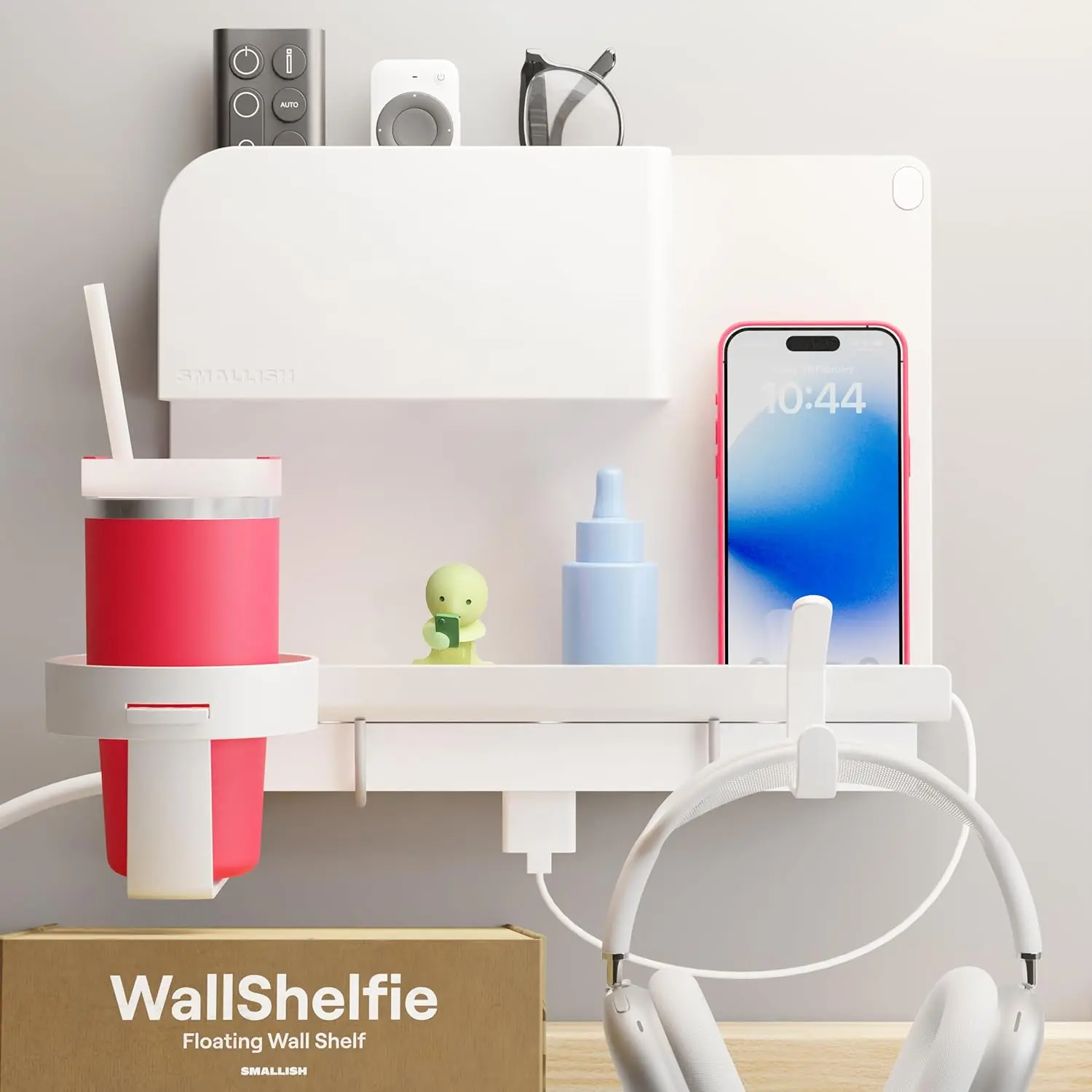 WallShelfie White Modular Wall-Mounted Floating Shelves - Bedside Organizer, Remote Control Holder, Dorm Room Essential, Small Space Decor, Vanity Shelves with Easy Installation, Teen Girls Room Organization, Removable Wall-Mounted Floating Shelves