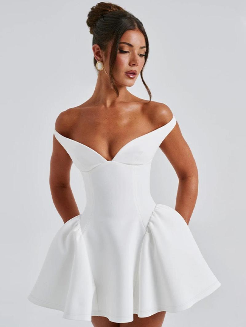 Women's Plain Off The Shoulder Dress, Elegant Classy Flattering Sexy Fashion Zipper Back Short Dress for Party Club Dating Wear, Women Dress for Summer