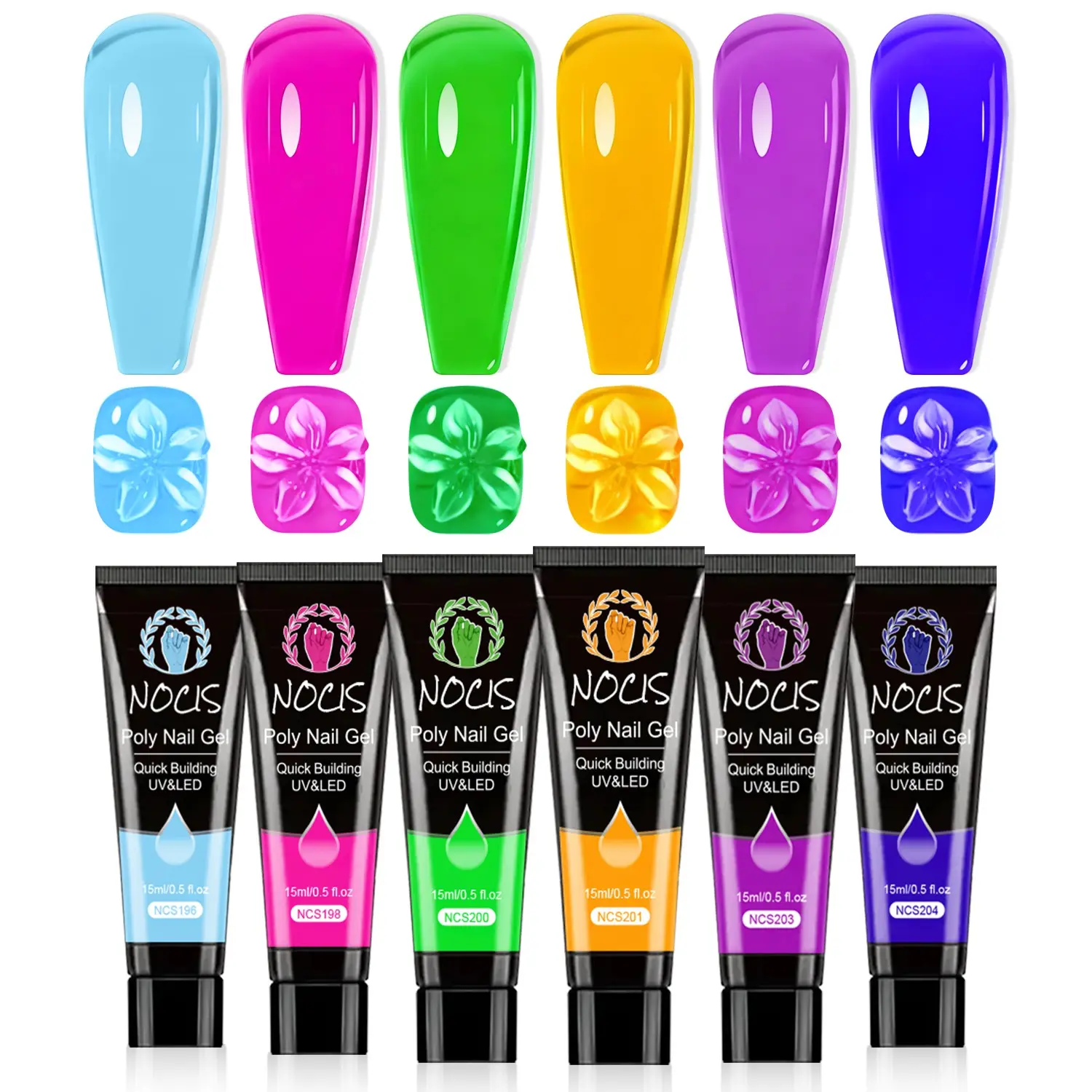 Nocis 6 Color Nail Extension Gel Set, 15g Tube, UV Removable, Medium Consistency, Creative Summer Manicure, Nail Art, Light Blue, Blue