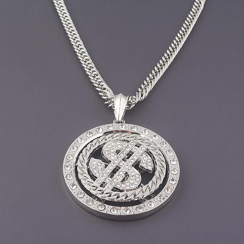 Big Rotatable US Dollar Money Sign Pendant Necklace Rapper Hip Hop Punk Long Chain Women's Statement Gift Jewelry