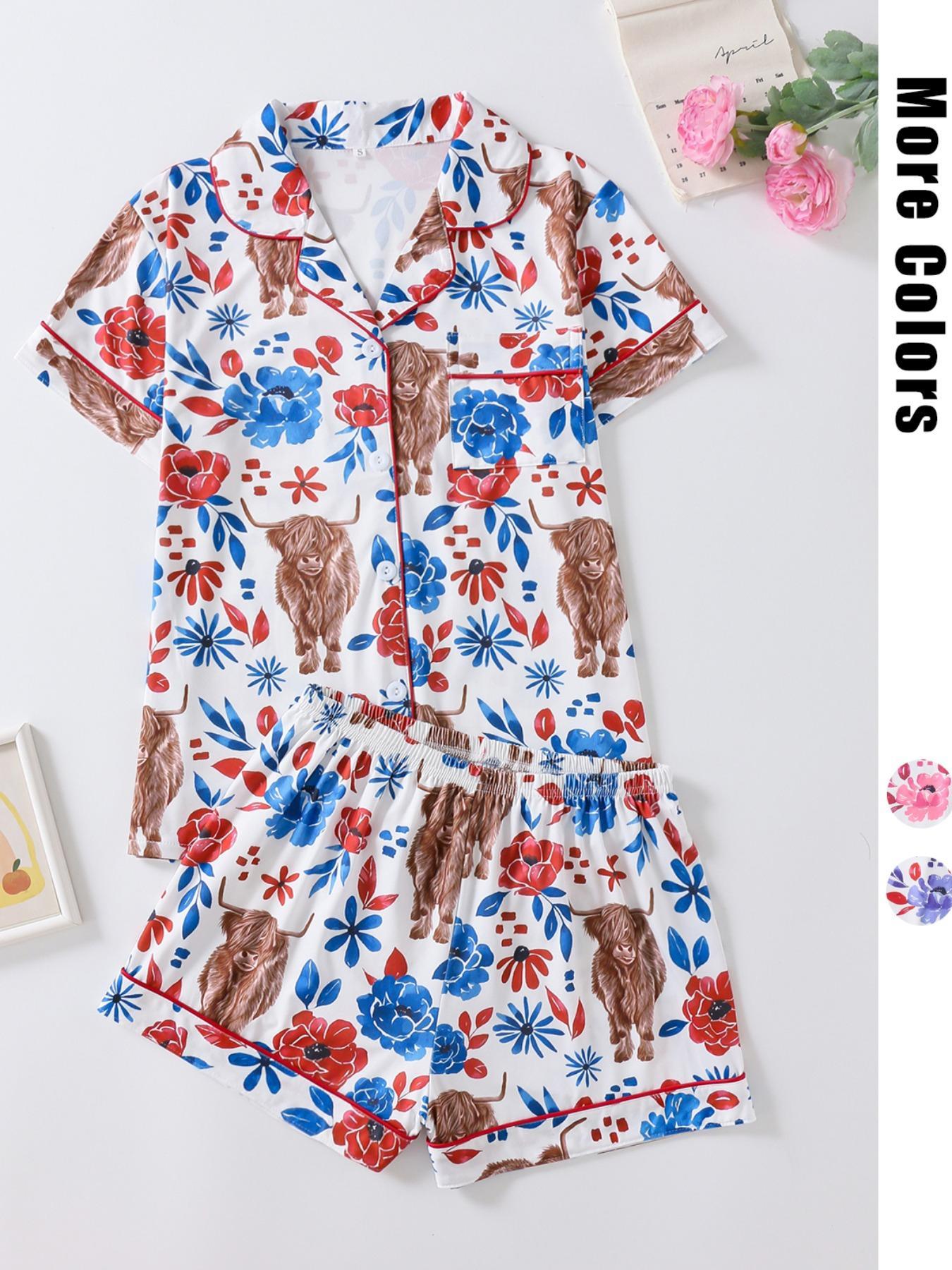 Women's Floral & Cow Print Top & Shorts Pajama Two-piece Set, Casual Comfy Short Sleeve Top & Shorts Pajama Set, Ladies Sleepwear & Loungewear for Summer, Sleep Pajamas Shorts, Womenswear