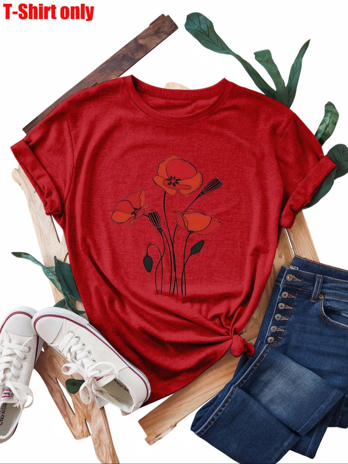 【Plus Size】  Flowers Print Round Neck Tee, Casual Short Sleeve T-shirt for Summer, Women's Clothing for Daily Wear