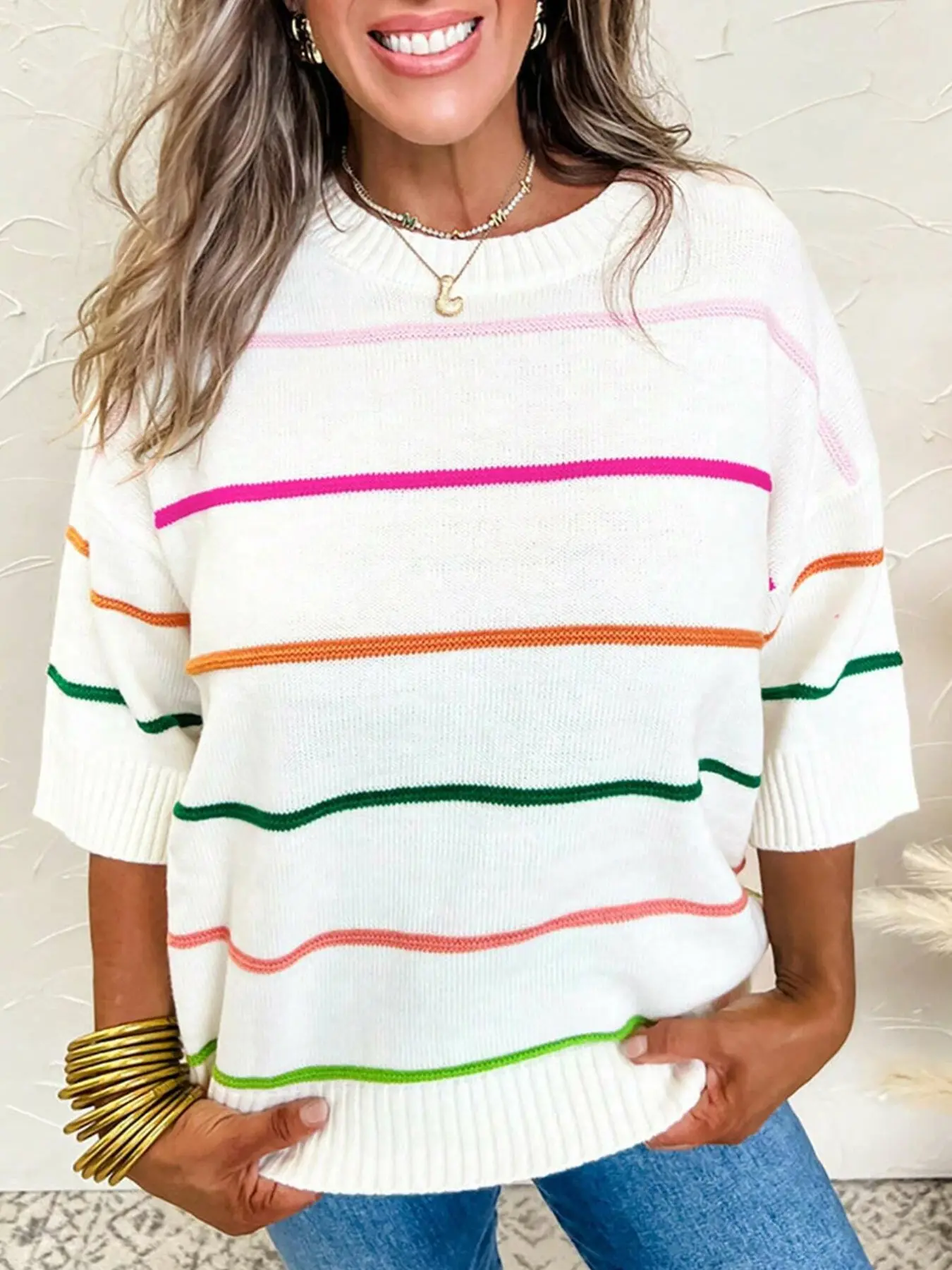 Fresh Rainbow Colorblock Striped Short Sleeve Sweater, Lazy Drop Shoulder Three-Quarter Sleeve Lightweight Knit Top, Casual Fashion Women's Clothing