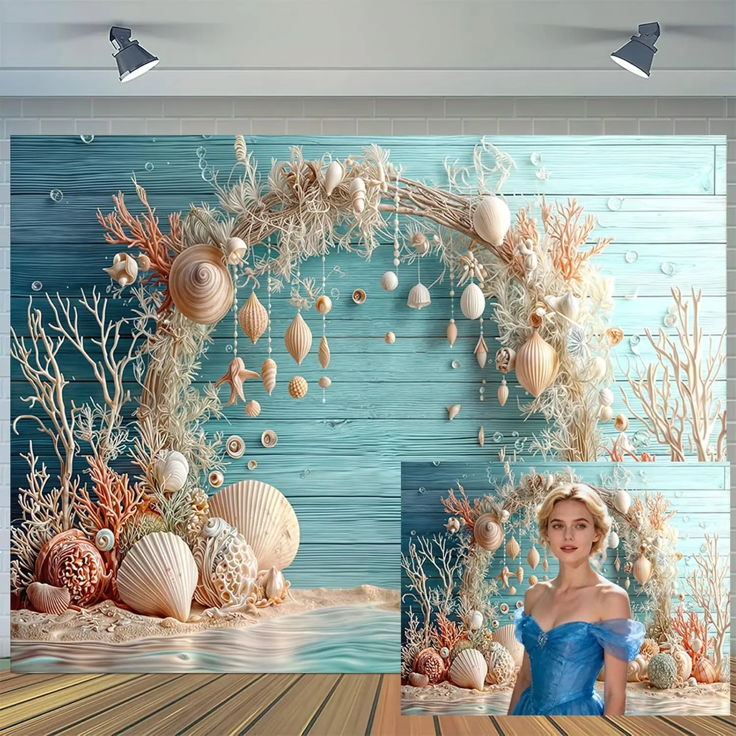 Under The Sea Backdrop Exquisite Arch with Conch Starfish Coralal Wood Board Backgrounds Ocean Theme Birthday Party Decorations Baby Shower Wedding Portrait Photo Booth Props
