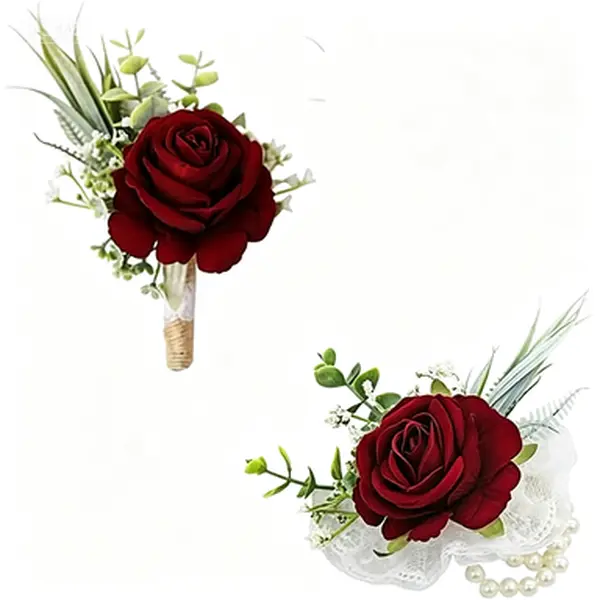 Burgundy Silk/Satin Artificial Flower Wrist Corsage & 1 Groom Boutonniere Set with Stem - 2.4 Inch Diameter, Fade-Resistant, Reusable Wedding Decor for Bride, Anniversary Rustic Vintage Home Decor, Flowers