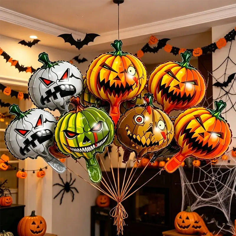 8pcs Mini Horror Pumpkin Foil Balloons, Halloween Party Decor, Kids Photo Booth Props, 4 Horror Face Pumpkins, Candy Corn Festival Gift