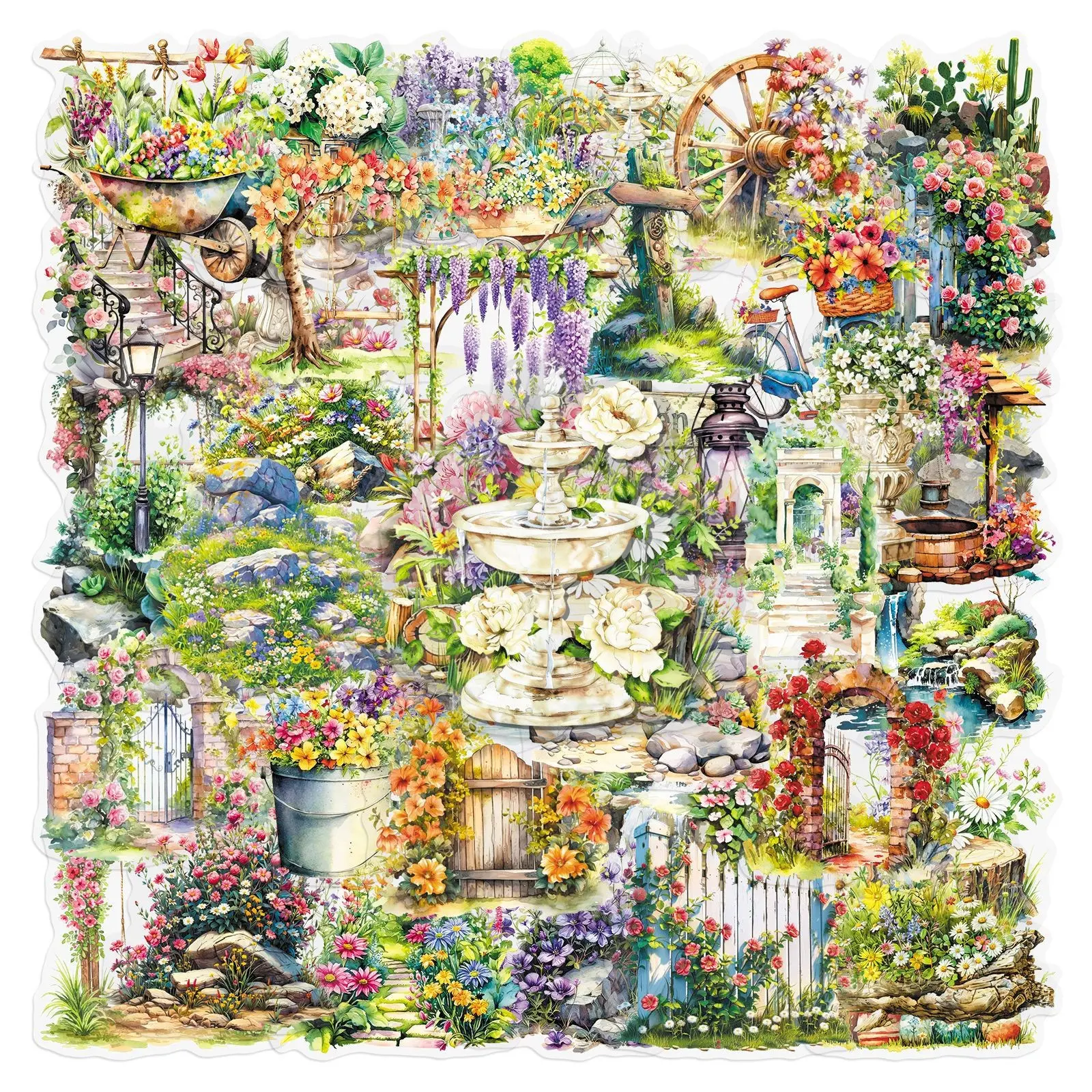 50PCS Transparent Garden Stickers, Spring Park Plant Flowers Outdoor Scene Waterproof Decorative Stickers, Cartoon Design