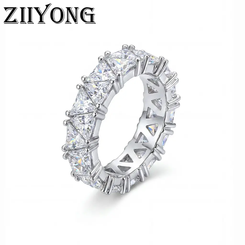 ZIIYONG Brilliant Triangle Cut Moissanite Eternity Band Ring 925 Sterling Silver No Rhodium Plating Hypoallergenic Luxurious Fine Jewelry For Women And Girls Perfect For Anniversary Gift Wedding Party And Everyday Wear