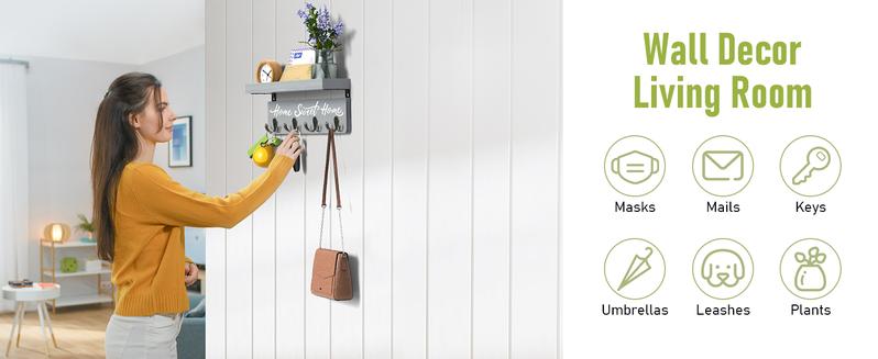 Wall-Mounted Key and Mail Holder, Wooden Key Rack With 4 Double Key Hooks, Rustic Home Decor for Entryway (Gray)