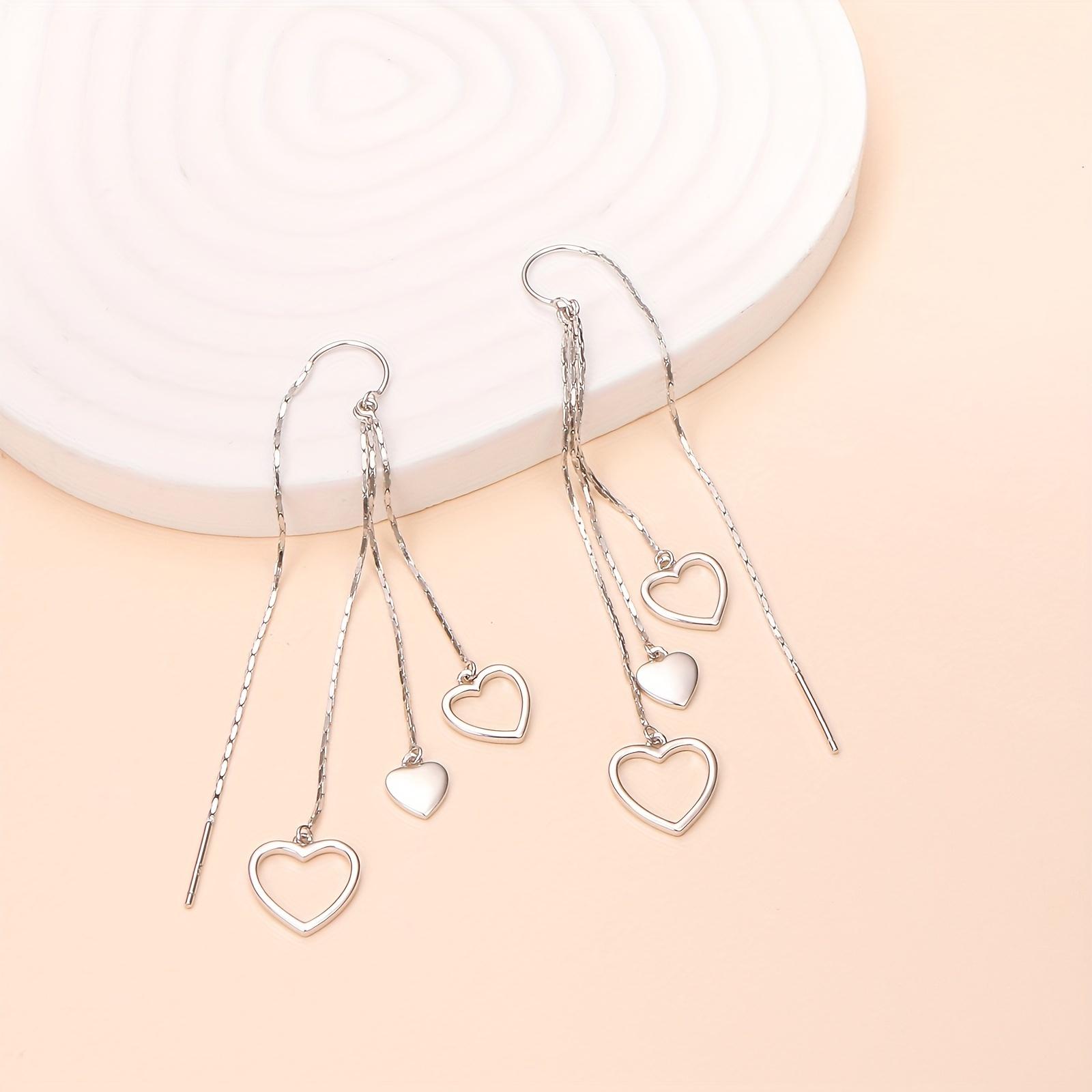 Sterling Silver Threaded Earrings Heart Tassel Dangle Drop Long Chain Earrings Jewelry Gifts For Women