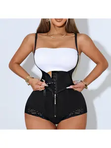 Elegant One-Piece Bodycon Shapewear Bodysuit, High-Waisted Shaping Leggings, Front Zipper & Button Closure, Lace Trim, Tummy Control