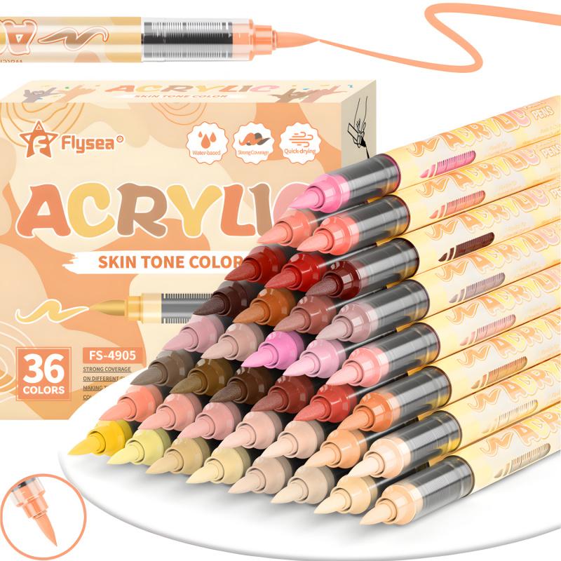 Skin Tones Art Markers,12/24/36 Color Soft Brush Tip Acrylic Paint Pens Quick-Drying Waterproof Acrylic Paint Markers for Illustration Sketching, Wood,Glass,Fabric,Rocks Painting, Wide Color Selection, Acrylic Drawing Markers