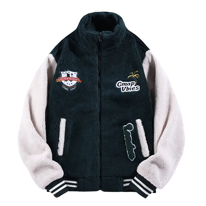 Men's Full-Zip Sherpa Fleece Varsity Jacket, Long Sleeve Color Block Coat with Letter Embroidery, Stylish Warm Retro Streetwear