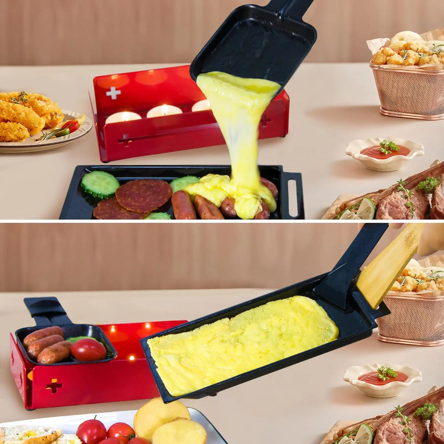 2-Person Raclette Grill - Portable Candlelight Raclette Cheese Melter with Enamel Baking Tray & Non-Stick Pans - Compact Raclette Machine for Romantic Dinner, Picnic, BBQ, Camping, Red