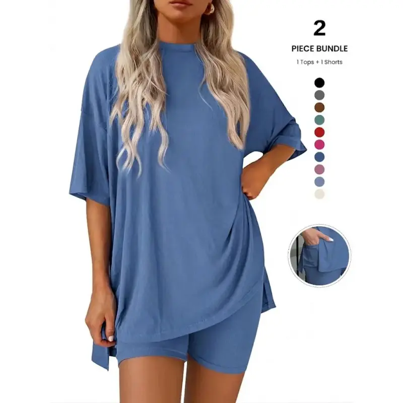 Crewneck Two-Piece Set For Women Summer Casual Pullzise Split Hem Shirts & Side Pocket Biker Shorts Minimalist Lounge Wear Soft MILK SILK Fabric Comfy Homewear Cozy Pjs Clothes Top Womenswear Suits Pajama Set Oversized