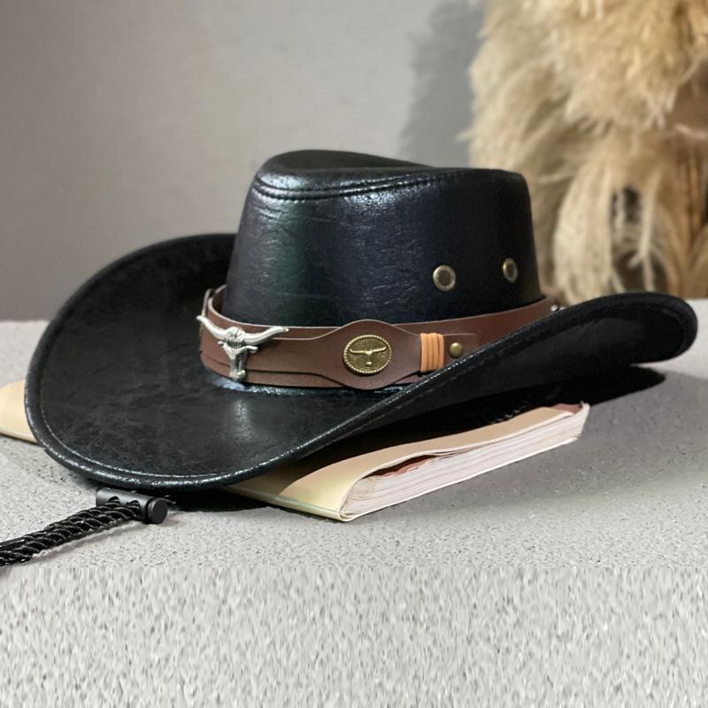 1PC This Jazz Hat  Its Unique Texture Design  Features A Distinctive Bull Head Belt with Riveted.Instantly Catches The Eye And
