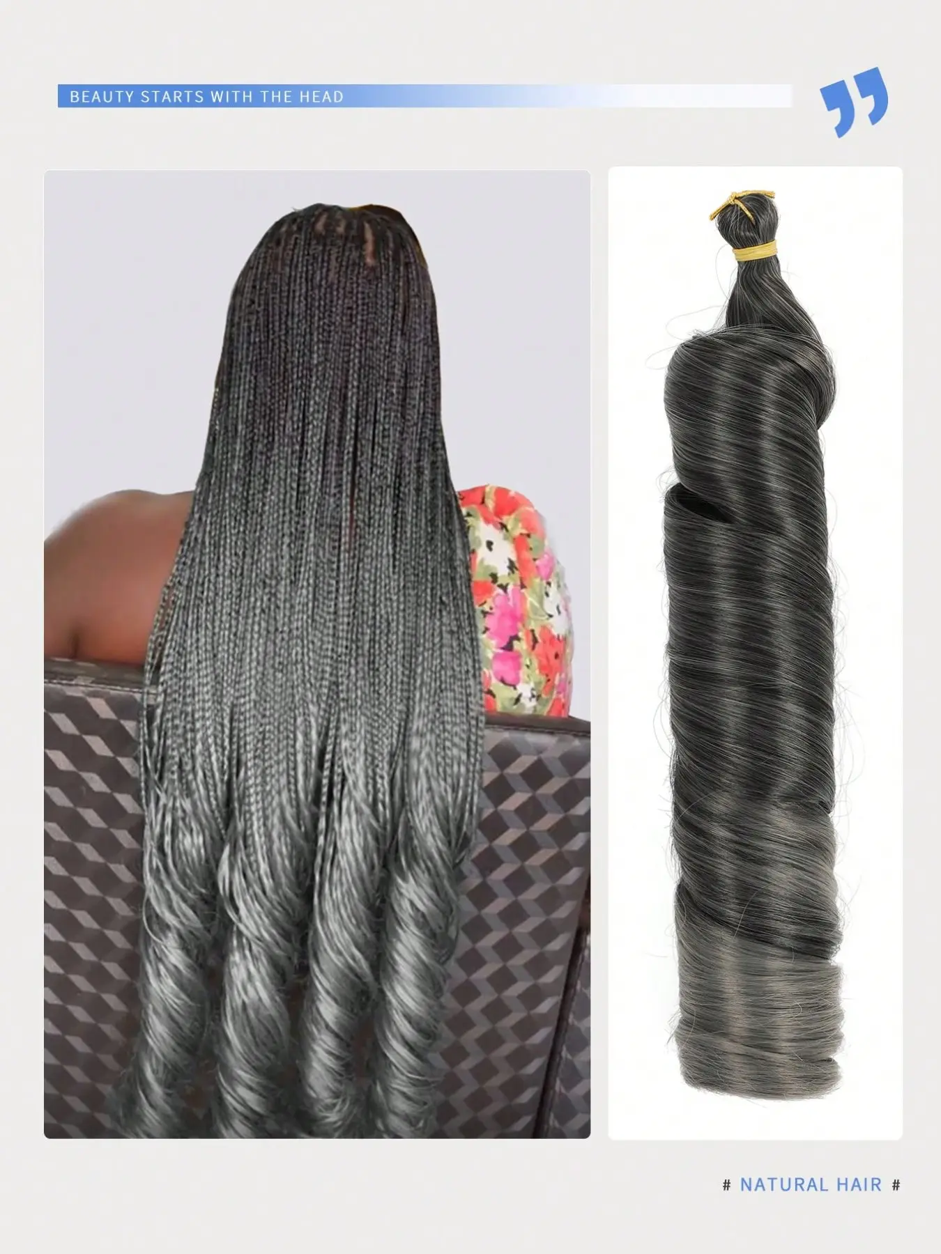 22-Inch French Curly Synthetic Braiding Hair Extensions, Heat-Resistant Loose Water Wave Crochet Hair, Black and Gray Highlights Wavy Curls for Women's Daily Use, Holidays, and Parties