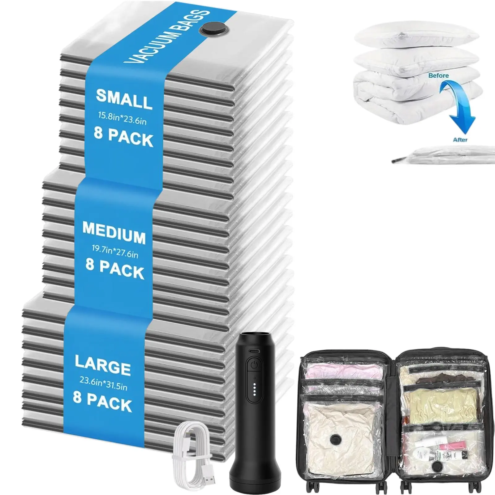 Vacuum Storage Compression Bags, 24-Pack 3 Sizes with Portable Cordless Electric Pump, 80 Micron Thick Double Zipper Airtight Waterproof Reusable Home Organizers for Suitcase Luggage Comforters Blankets
