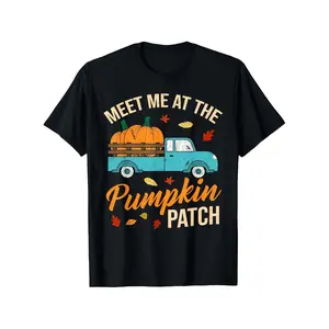 Meet Me at the for Pumpkin Patch T Shirt Casual Short Sleeve Fall Shirt with Turquoise Truck for Pumpkins Autumn Leaves Print (S XXXL) Thanksgiving Harvest Festival Outfit for Pumpkin Picking, PLUS SIZEStreetwear Menswear Basic Print Soft
