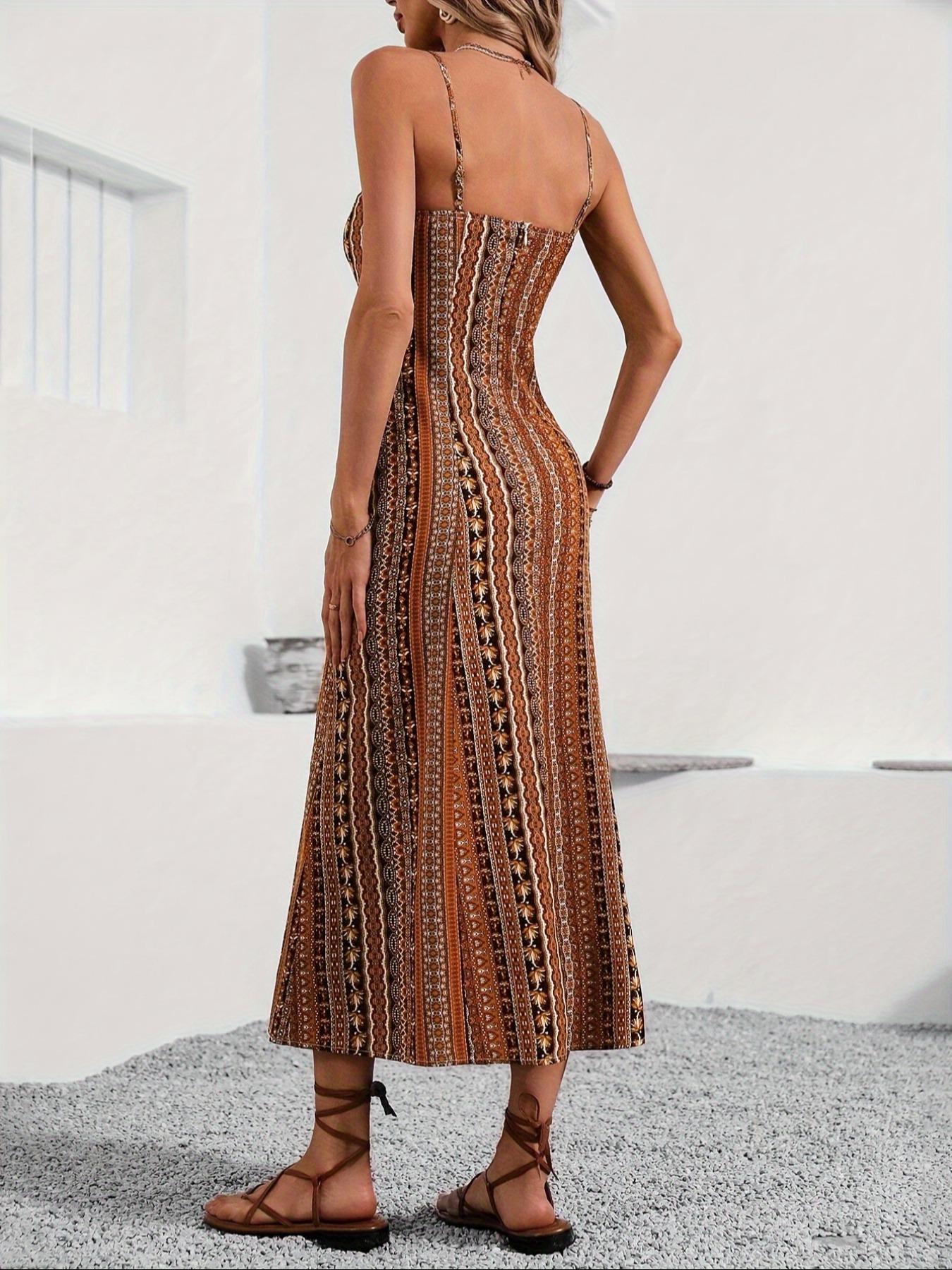 Women's All Over Ethnic Pattern Backless Split Thigh Cami Dress, Boho Fashion Casual Sleeveless Long Dress for Beach Holiday Vacation, Ladies Dress for All Seasons, Casual Boho Chic