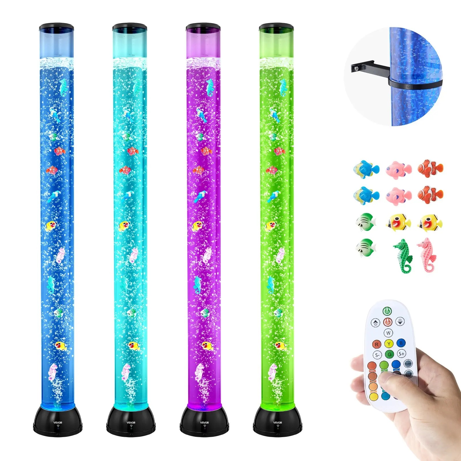 VEVOR Tube-Shape ABS Plastic Sensory Bubble Aquarium Lamp, 4 ft Bubble Fish Tube with 10 Floating Fish, 16 Color Effects, Remote Control, Stress Relief Indoor Bedroom Decor for Home Users